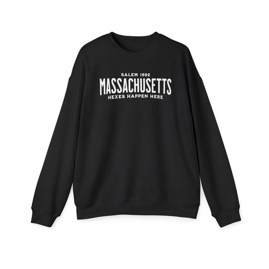 Massachusetts "Hexes Happen Here" Fall Haunted New England Halloween Sweatshirt for Vampire and Ghost Story Fans