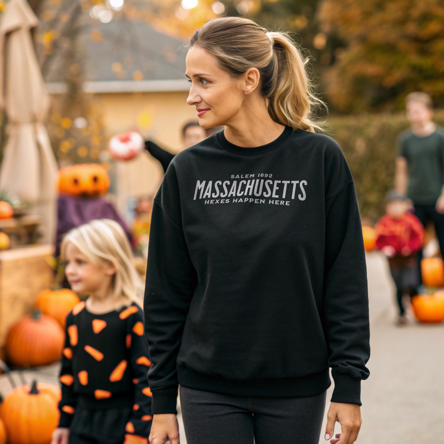 Massachusetts "Hexes Happen Here" Fall Haunted New England Halloween Sweatshirt for Vampire and Ghost Story Fans